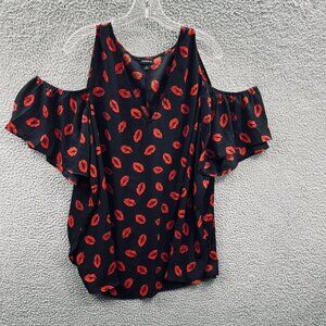 Torrid Womens Georgette Top 3 3X Red Black Lip Kiss Print Going Out Night Out